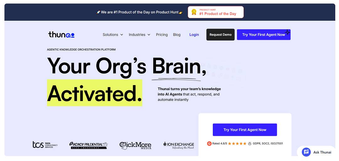 Thunai is an agentic AI platform that transforms an organization’s scattered knowledge—documents, videos, transcripts, chats, and links—into intelligent, task‑oriented agents that can act across voice, chat, email, meetings, and applications. 