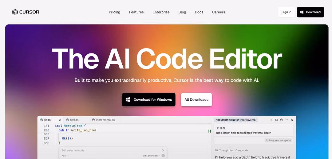 Cursor is an AI-powered code editor designed to help you “write code with instructions,” making tasks like refactoring, adding features, and fixing bugs faster while keeping the familiar experience of a traditional editor