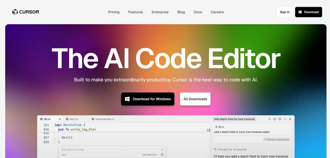Cursor is an AI-powered code editor designed to help you “write code with instructions,” making tasks like refactoring, adding features, and fixing bugs faster while keeping the familiar experience of a traditional editor