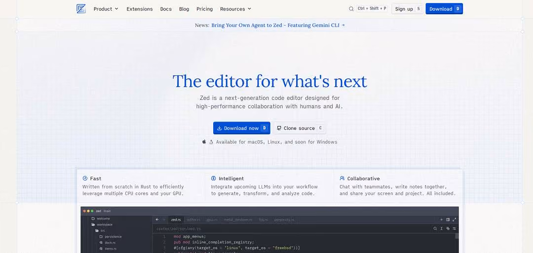 Zed is a modern, high-performance code editor built from the ground up to feel fast, fluid, and collaboration-first: created by the team behind Atom and Tree-sitter, it’s written largely in Rust and uses GPU-accelerated rendering and multi-core architecture to make editing and navigating large codebases feel instantaneous