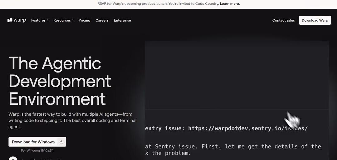 Warp is a modern, AI-first terminal that reimagines the command line as an “Agentic Development Environment,” combining a fast native terminal with built-in AI agents, collaboration tools, and a shared knowledge drive so developers can generate, run, and manage work from a single place. 