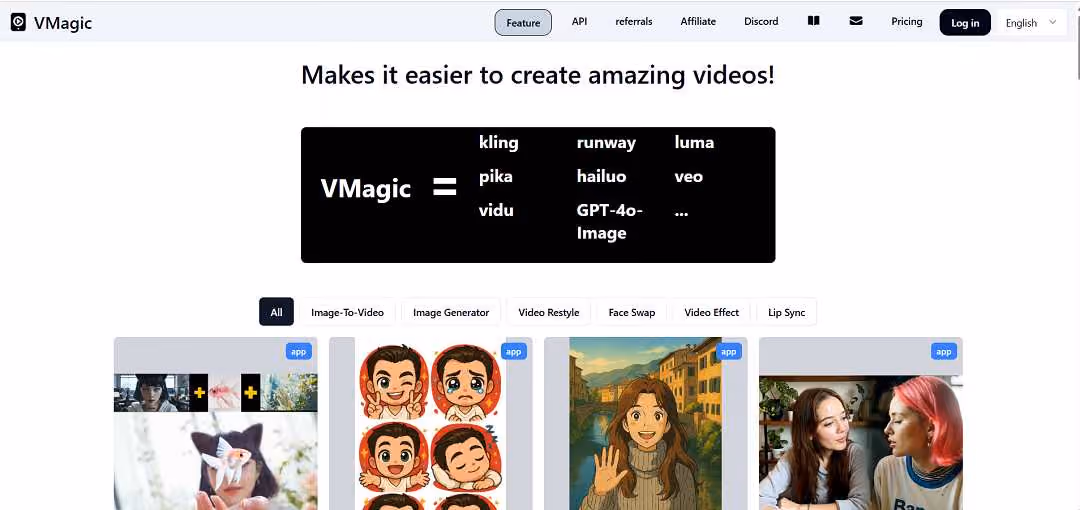 VMagic is an AI-powered creative platform designed to make video generation and transformation simple for anyone, from casual users to content creators.