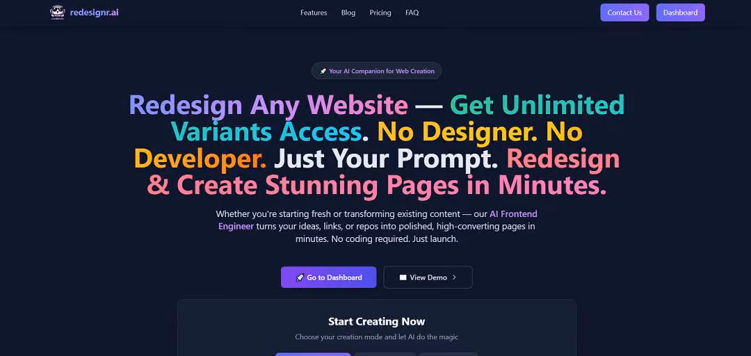 Redesignr.ai is an AI-powered platform designed to simplify and speed up the process of building websites, landing pages, and documentation.