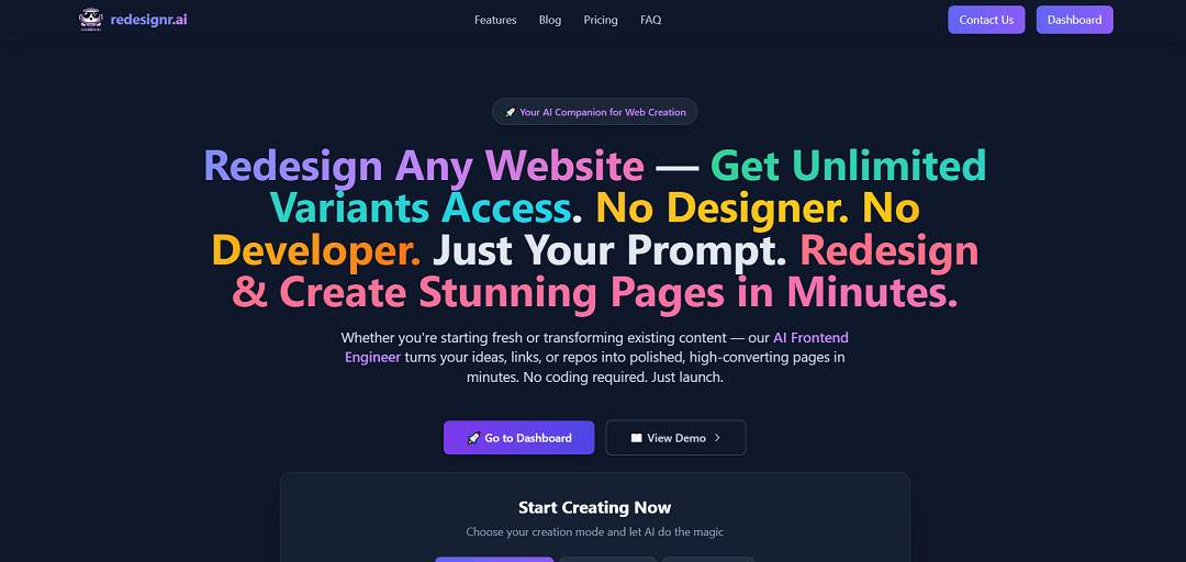 Redesignr.ai is an AI-powered platform designed to simplify and speed up the process of building websites, landing pages, and documentation.