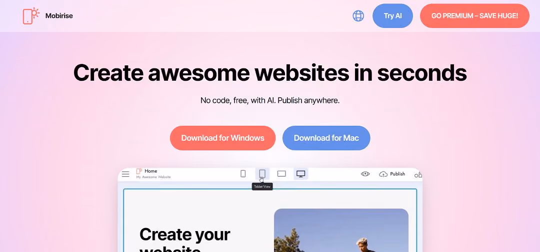 Mobirise is a free website builder designed for individuals and businesses who want to create professional websites without needing to code.