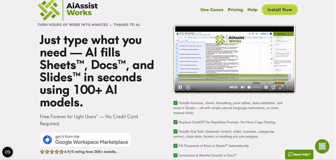 AiAssistWorks is an advanced AI-powered productivity extension designed for Google Workspace tools such as Sheets, Docs, and Slides.