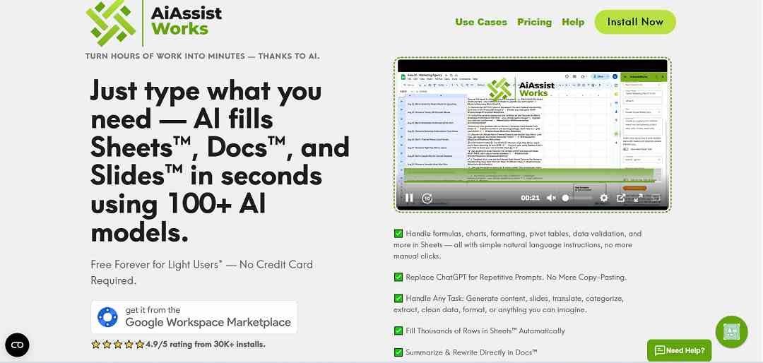 AiAssistWorks is an advanced AI-powered productivity extension designed for Google Workspace tools such as Sheets, Docs, and Slides.