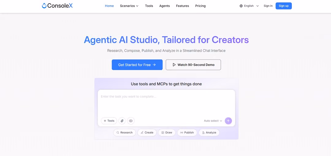 ConsoleX AI is an innovative agentic AI studio designed to help creators streamline their entire workflow—from research and writing to publishing and analysis—within a single intelligent platform.