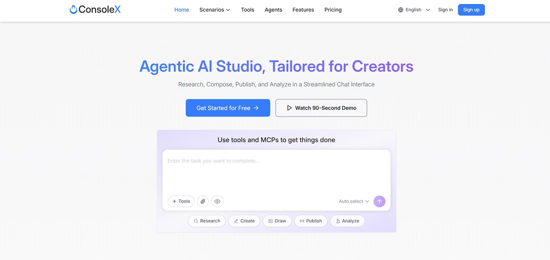 ConsoleX AI is an innovative agentic AI studio designed to help creators streamline their entire workflow—from research and writing to publishing and analysis—within a single intelligent platform.
