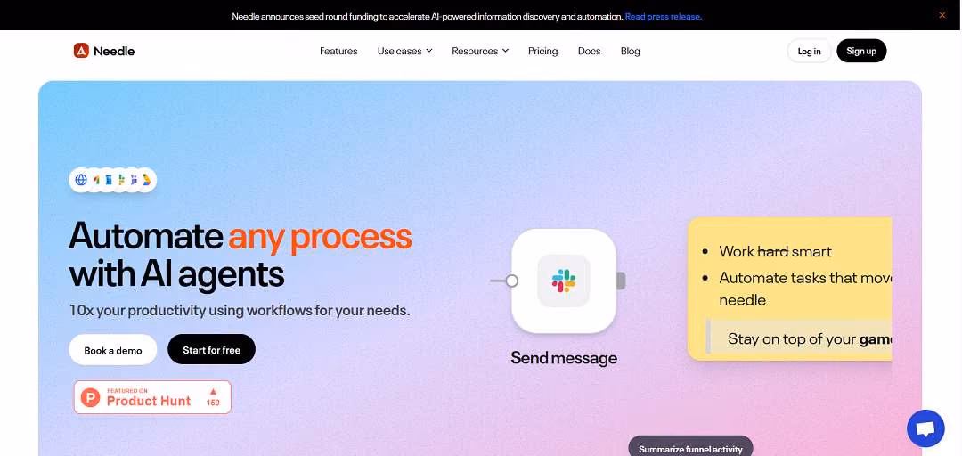 Needle is an AI-powered Knowledge Threading™ platform designed to help teams work smarter by automating workflows, surfacing insights, and connecting data across multiple tools.