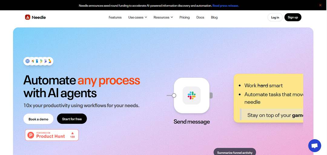 Needle is an AI-powered Knowledge Threading™ platform designed to help teams work smarter by automating workflows, surfacing insights, and connecting data across multiple tools.