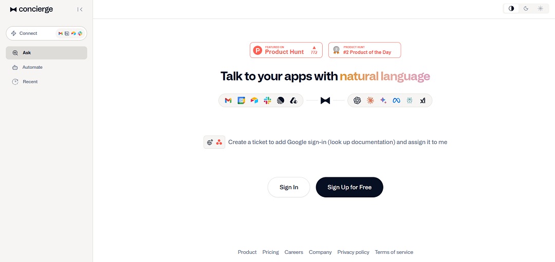 Concierge AI is an advanced connected AI assistant designed to help users interact with their everyday software tools using natural language.