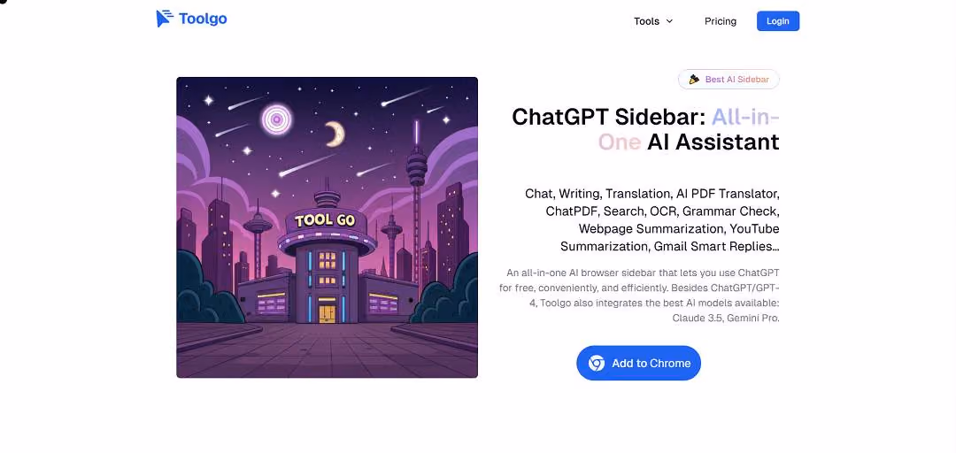 Toolgo AI is a multifunctional browser-based AI assistant designed to enhance productivity by integrating a wide range of smart features directly into the browser sidebar.