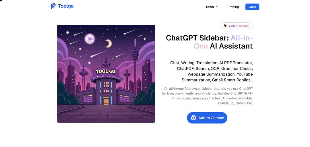 Toolgo AI is a multifunctional browser-based AI assistant designed to enhance productivity by integrating a wide range of smart features directly into the browser sidebar.