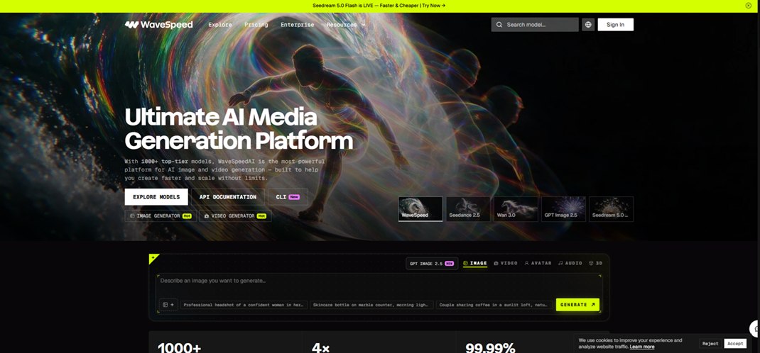 WaveSpeedAI is an AI media generation platform that brings a large collection of image, video, audio, 3D, and other AI models together in one place.
