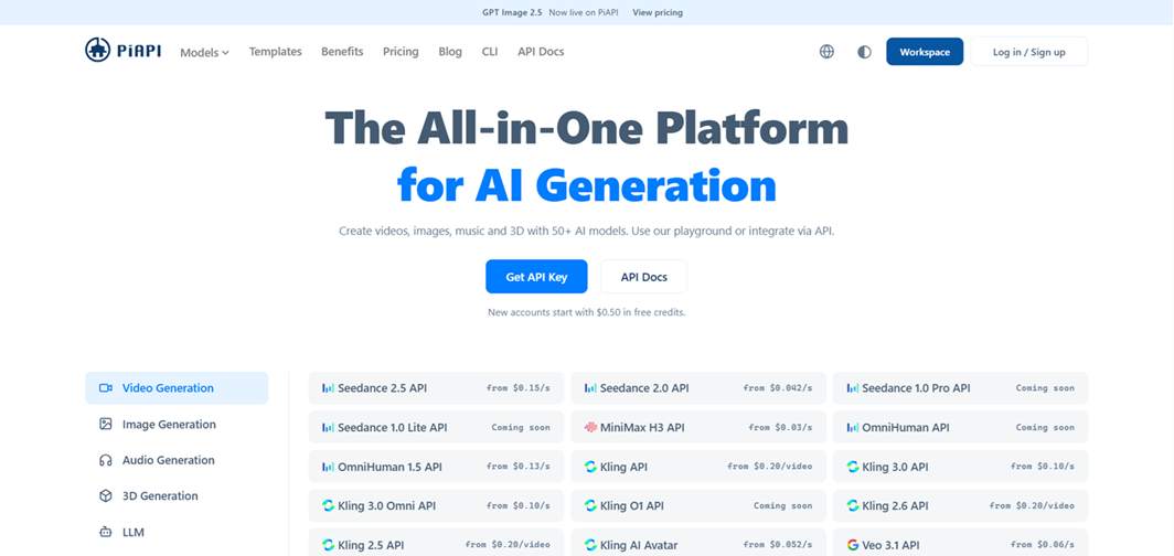 PiAPI is a developer-focused platform for adding generative AI capabilities to applications without having to build a separate API connection for every model or service.