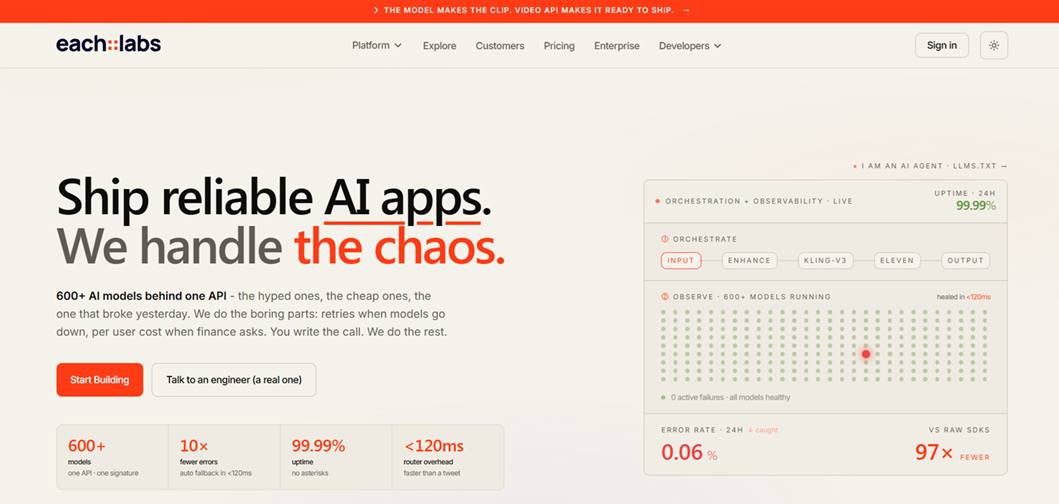 Eachlabs is an AI infrastructure platform that brings different generative AI models and ready-made workflows together behind a single API.