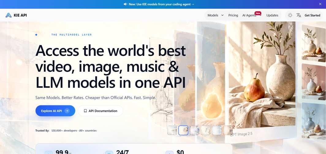 Kie AI is a unified AI platform that gives developers access to a growing collection of image, video, audio, music, and language models through a common API.