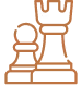 Brown chess knight figure facing right overlapping a chess rook figure facing front.