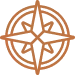 Orange circular compass icon with four main directional points and decorative markings.