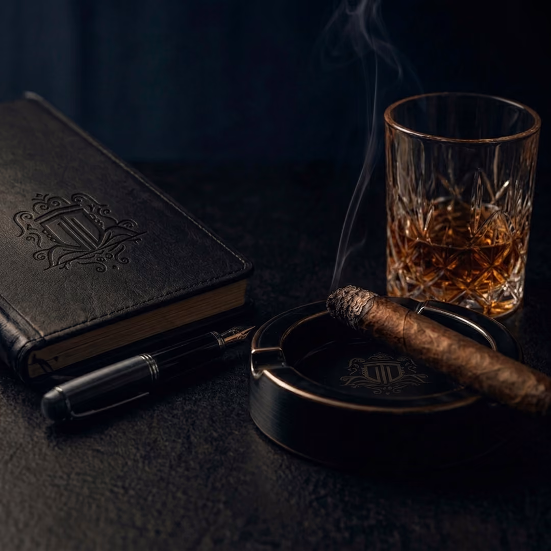 A lit cigar resting on a black ashtray next to a glass of amber whiskey and a closed black leather-bound notebook with a fountain pen on a dark surface.