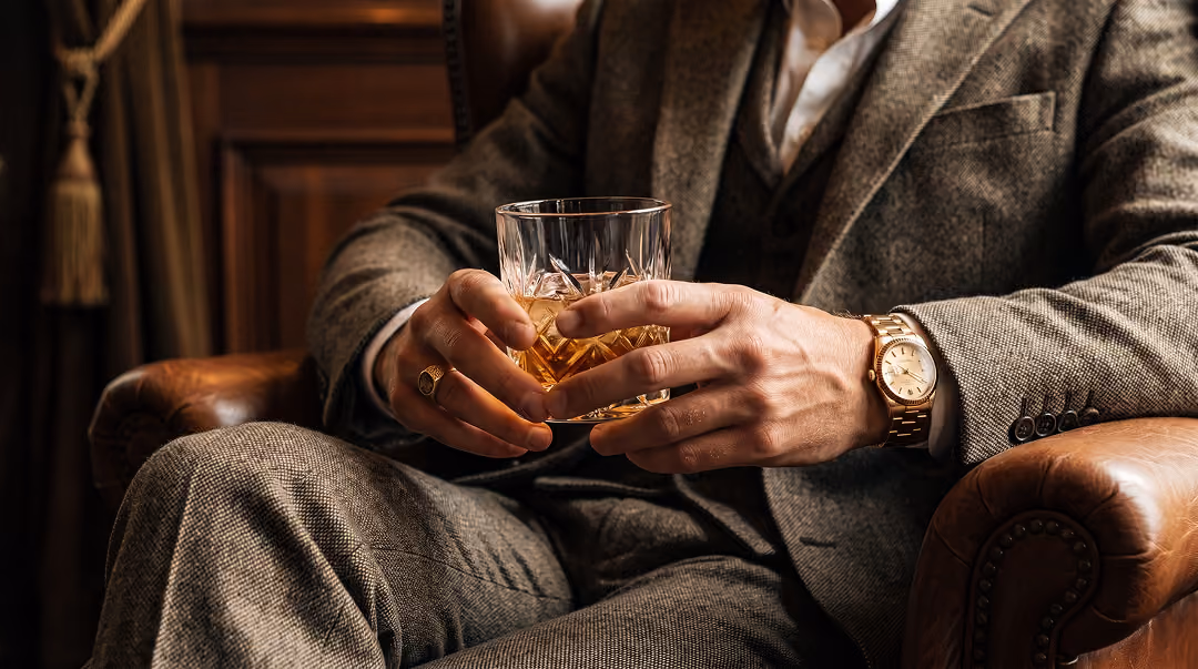 Man in brown tweed suit sitting in a leather armchair holding a glass of whiskey with both hands.