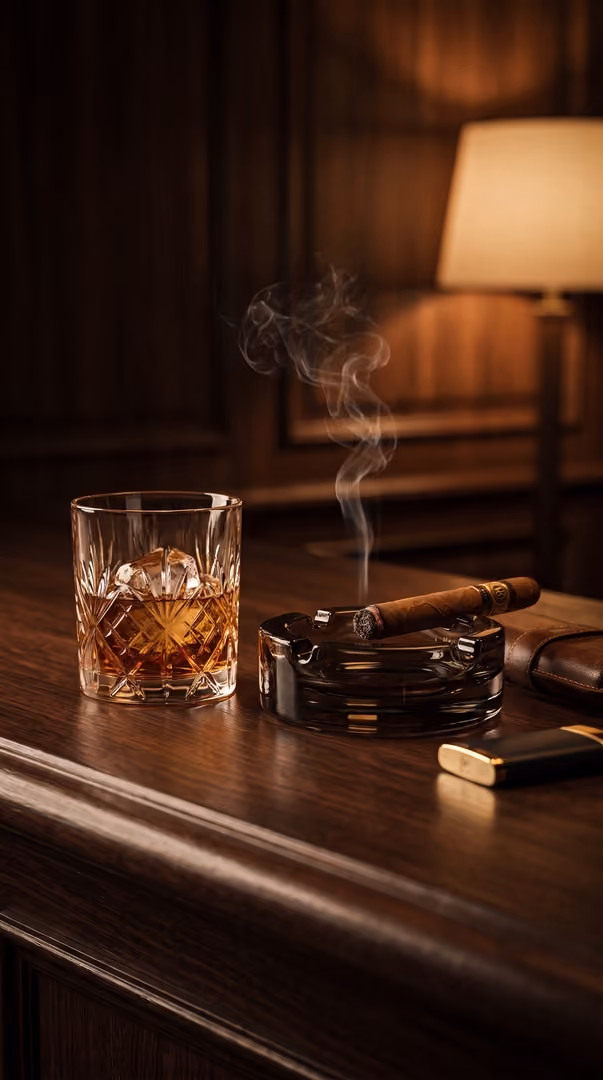 Glass of whiskey with ice cube on a wooden table next to a lit cigar resting in a glass ashtray with smoke rising, with a leather wallet and a lighter nearby in warm ambient lighting.