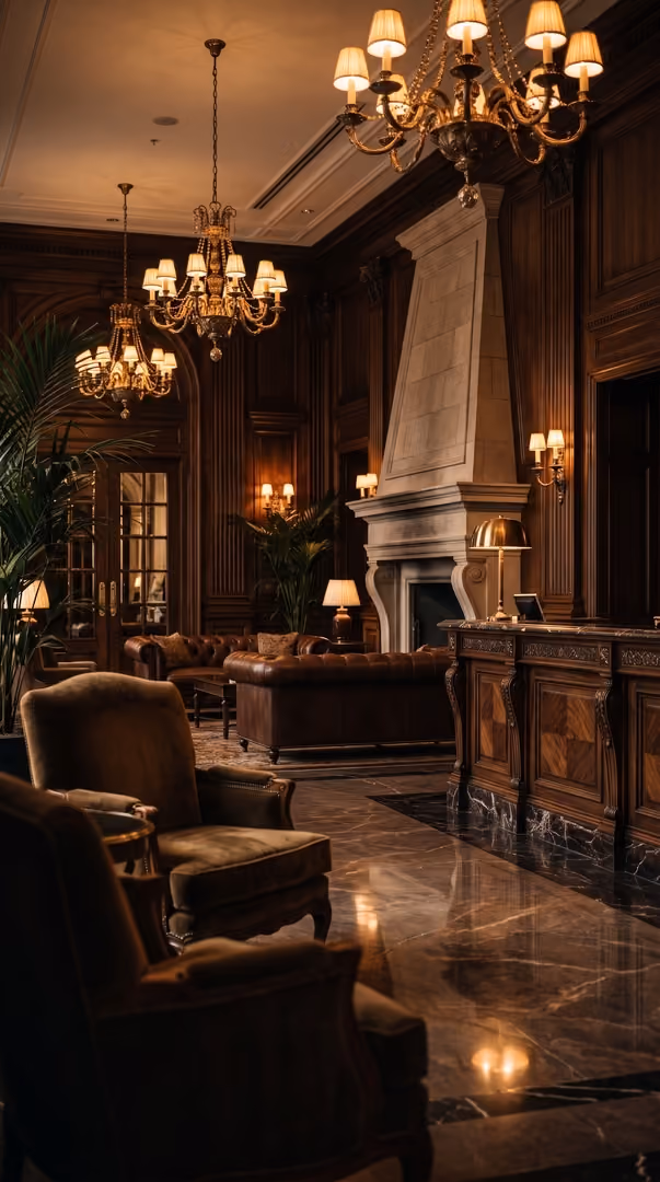 Elegant hotel lobby with dark wood paneling, marble floors, multiple brass chandeliers, leather armchairs, a large stone fireplace, and classic table lamps providing warm lighting.