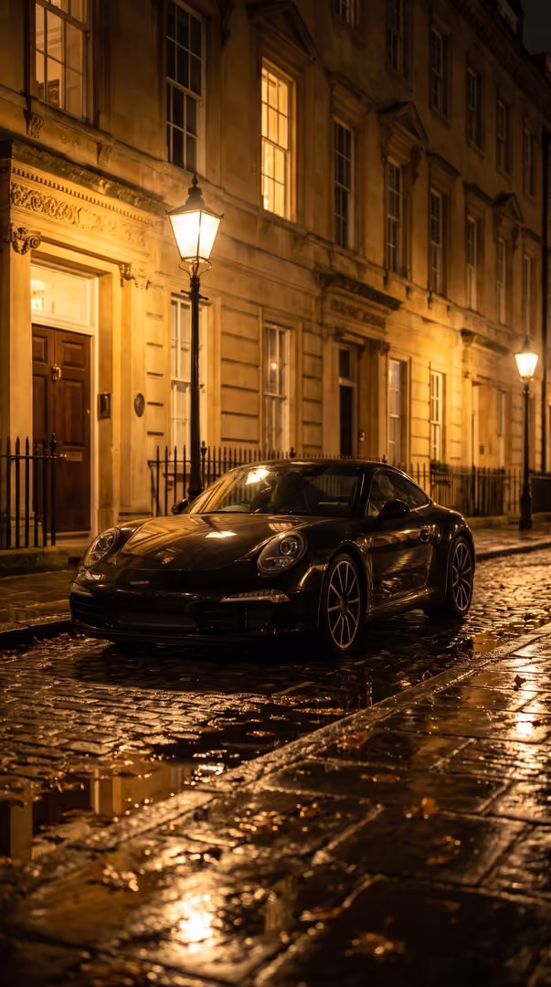 Black sports car parked on a wet cobblestone street at night with warm yellow street lamps and illuminated building windows in the background.