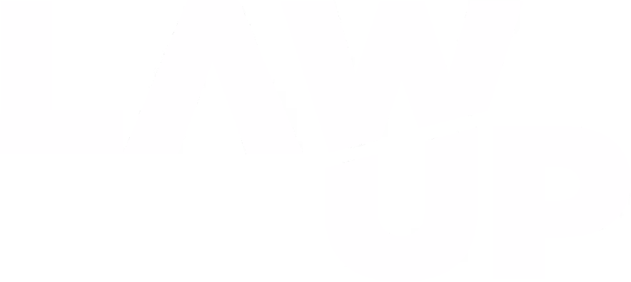 White stylized text logo reading 'LAW UP' on a black background, with a diagonal accent through the letters.