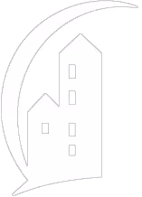 Stylized graphic of two adjacent buildings inside a curved shape resembling a crescent moon or a swoosh.
