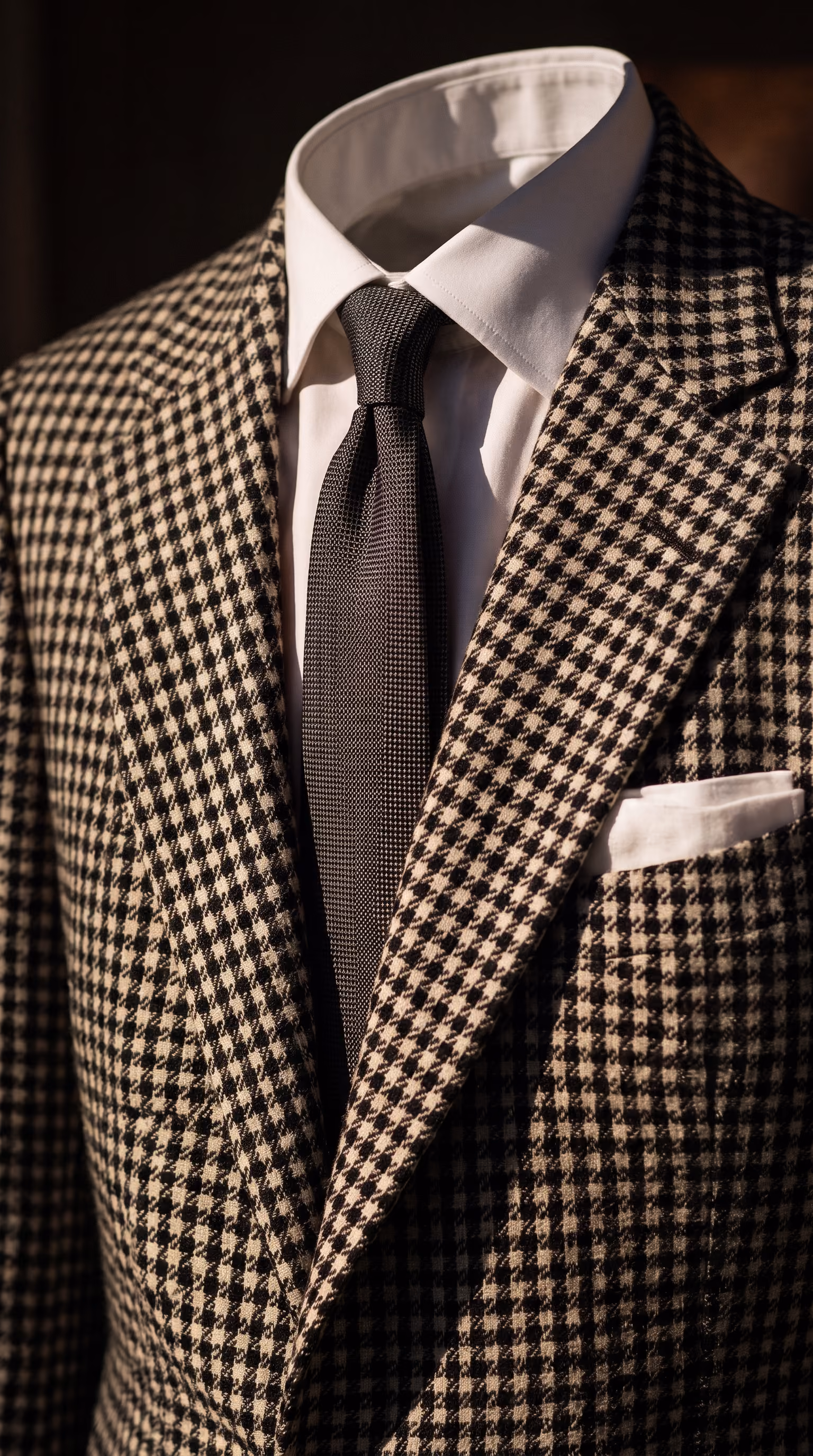 Close-up of a houndstooth patterned blazer worn over a white dress shirt with a textured dark tie and a white pocket square.