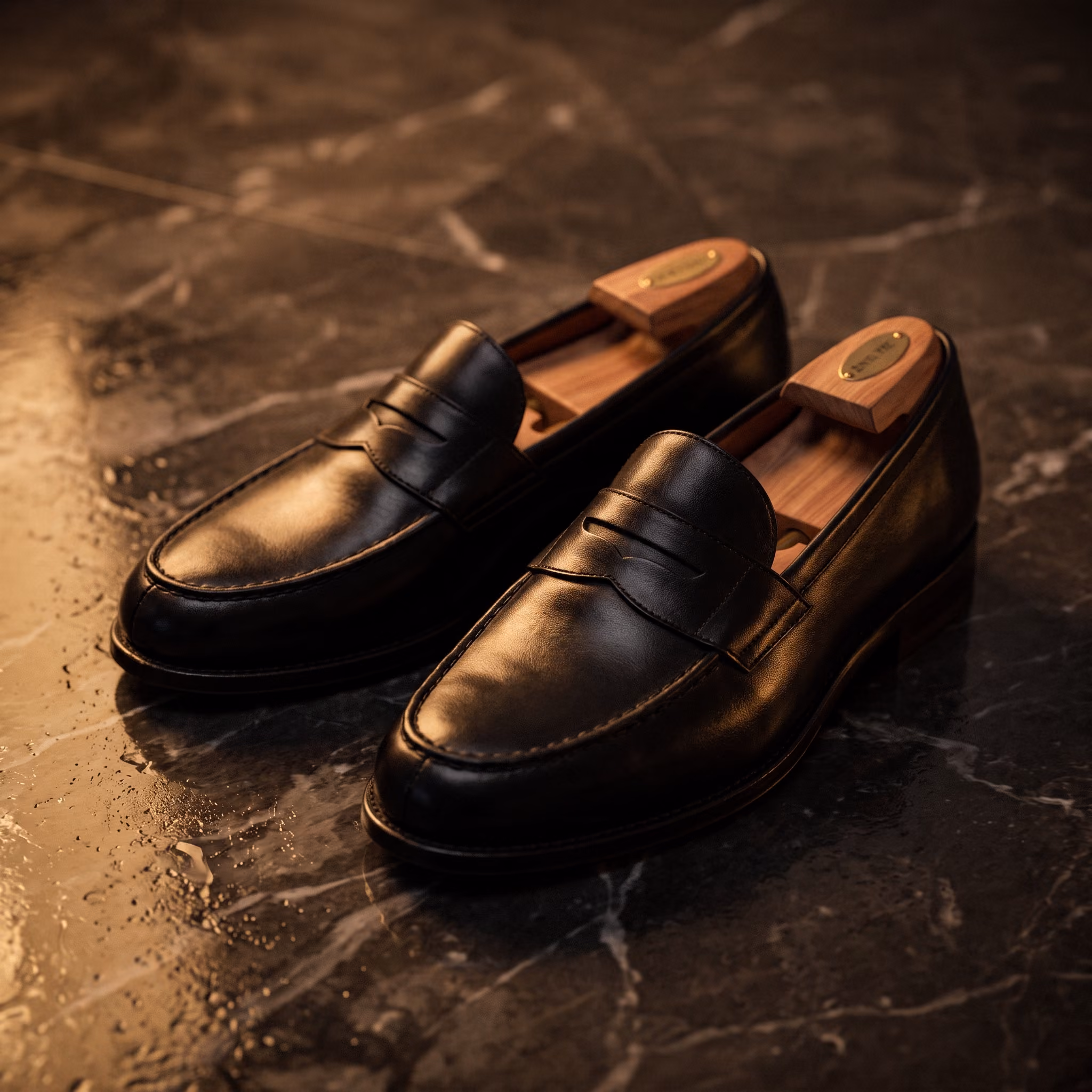 Pair of polished black leather loafers with wooden shoe trees inside, placed on a dark marble surface under warm lighting.