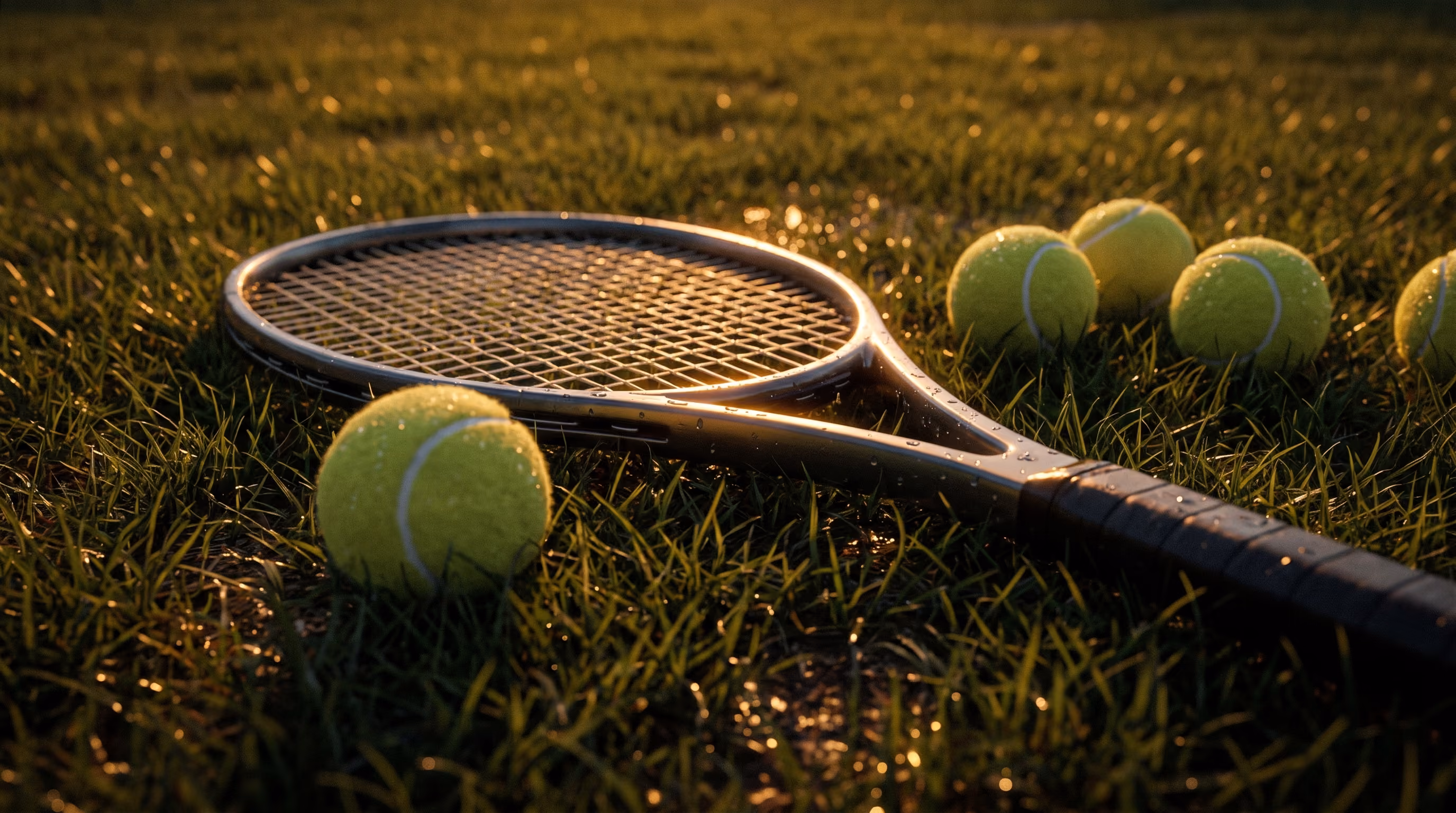 A tennis racket lying on grass surrounded by several tennis balls in soft warm lighting.