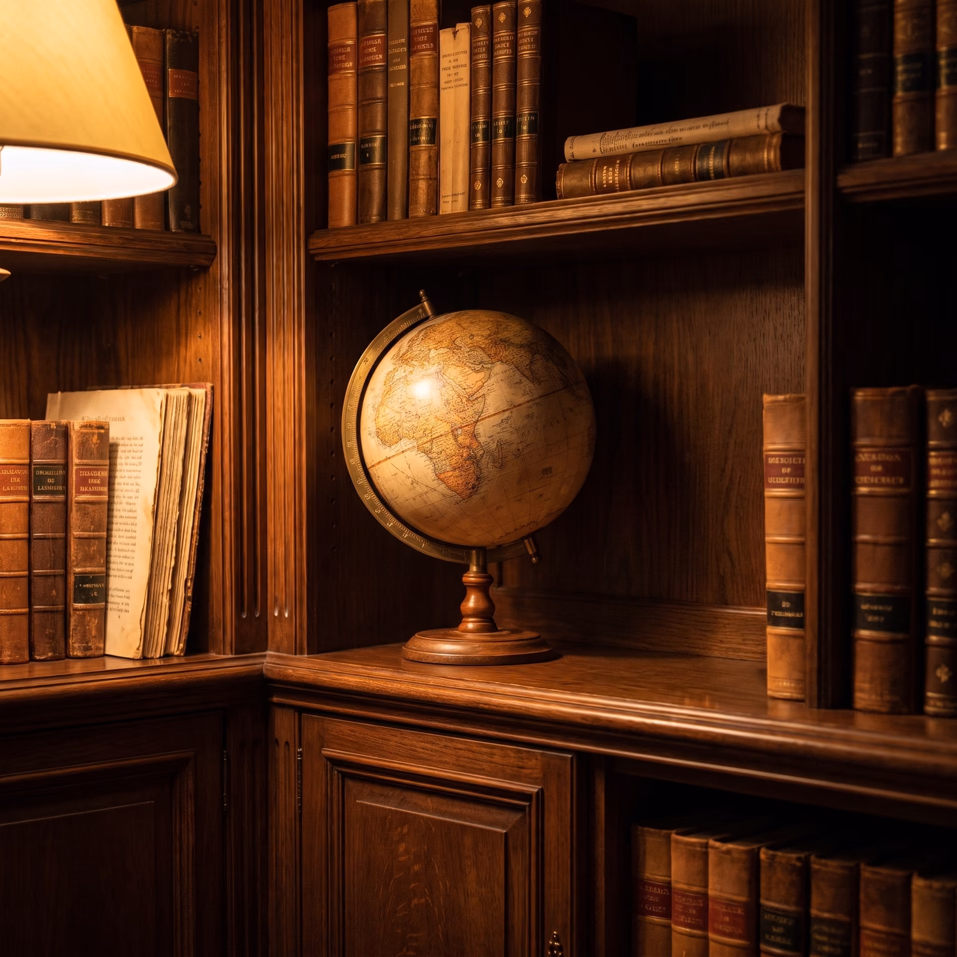 Wooden bookshelf with many old leather-bound books and a vintage globe on a lower shelf, softly lit by a nearby lamp.