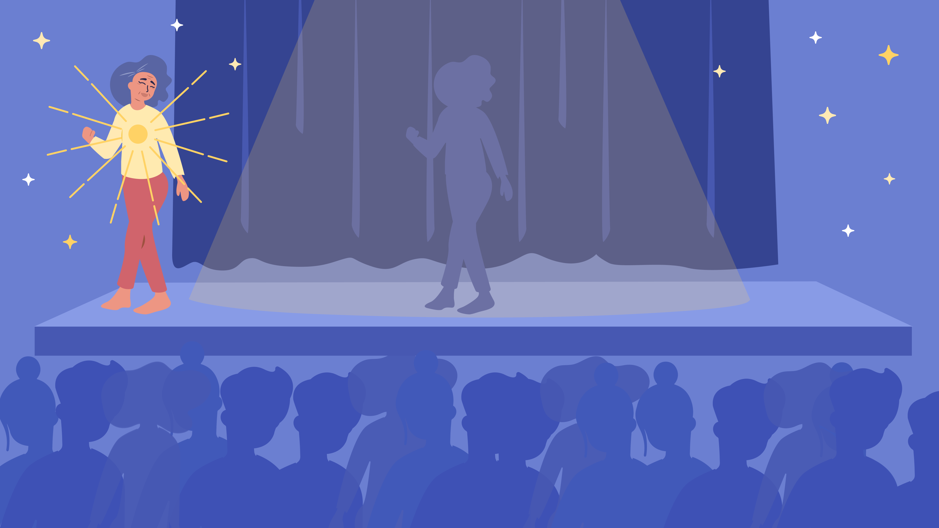 Woman is separated from the version of herself that is performing.