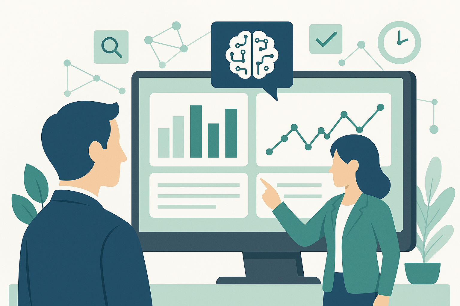 Analyste observant un tableau de bord IA prédisant les besoins achats