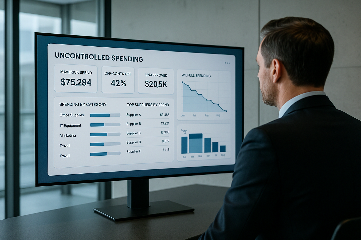 Responsable achats analysant un tableau de bord des achats sauvages