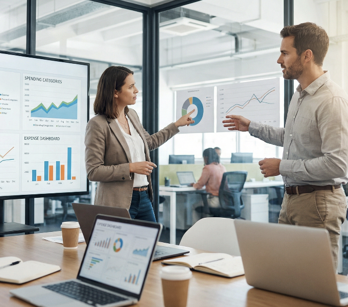 Équipe finance et achats analysant des indicateurs de dépenses professionnelles en réunion