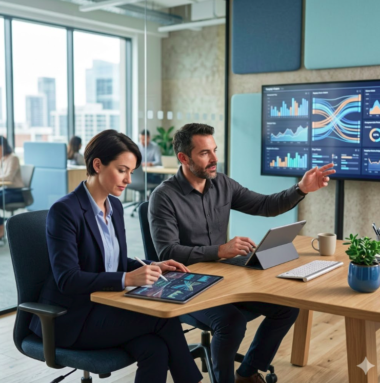 Deux experts en achats collaborent dans un bureau moderne et lumineux pour analyser des données sur un Vendor Management System et un tiers de confiance transactionnel dans le cadre d'une stratégie P2P