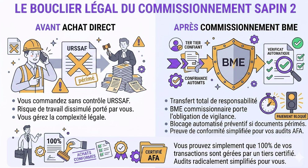 Infographie BME comparant le modèle d'achat direct risqué avec le modèle de commissionnement tiers de confiance certifié pour Sapin 2. Montre le transfert de responsabilité légale, la vérification automatique des documents par BME et la simplification des audits AFA pour vos achats de classe C