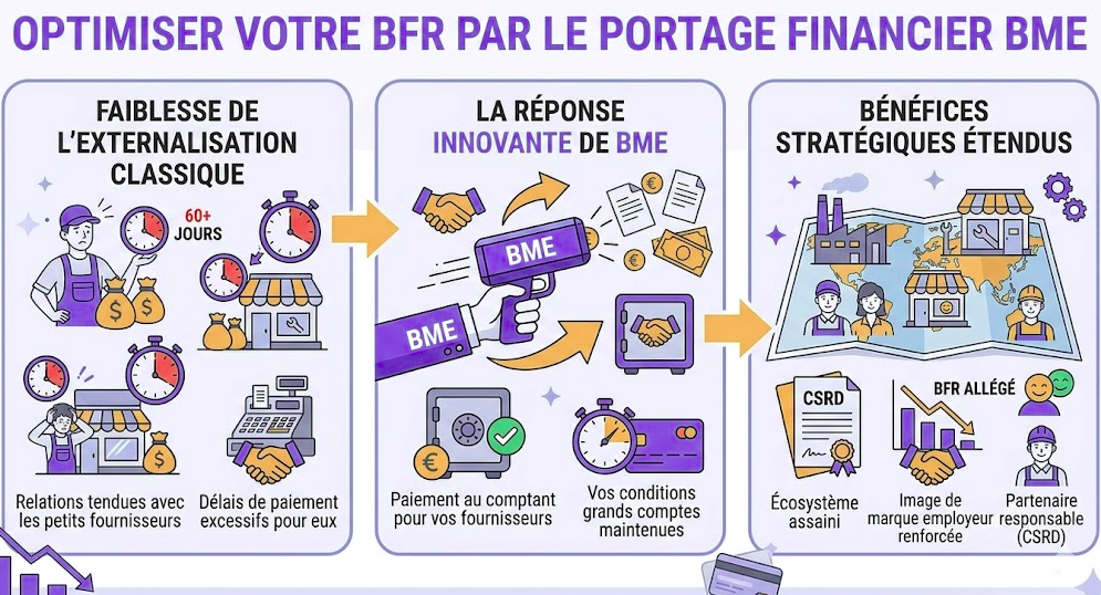Infographie BME montrant comment le portage financier au comptant pour vos petits fournisseurs optimise votre besoin en fonds de roulement (BFR) tout en renforçant votre image de marque employeur et votre responsabilité CSRD