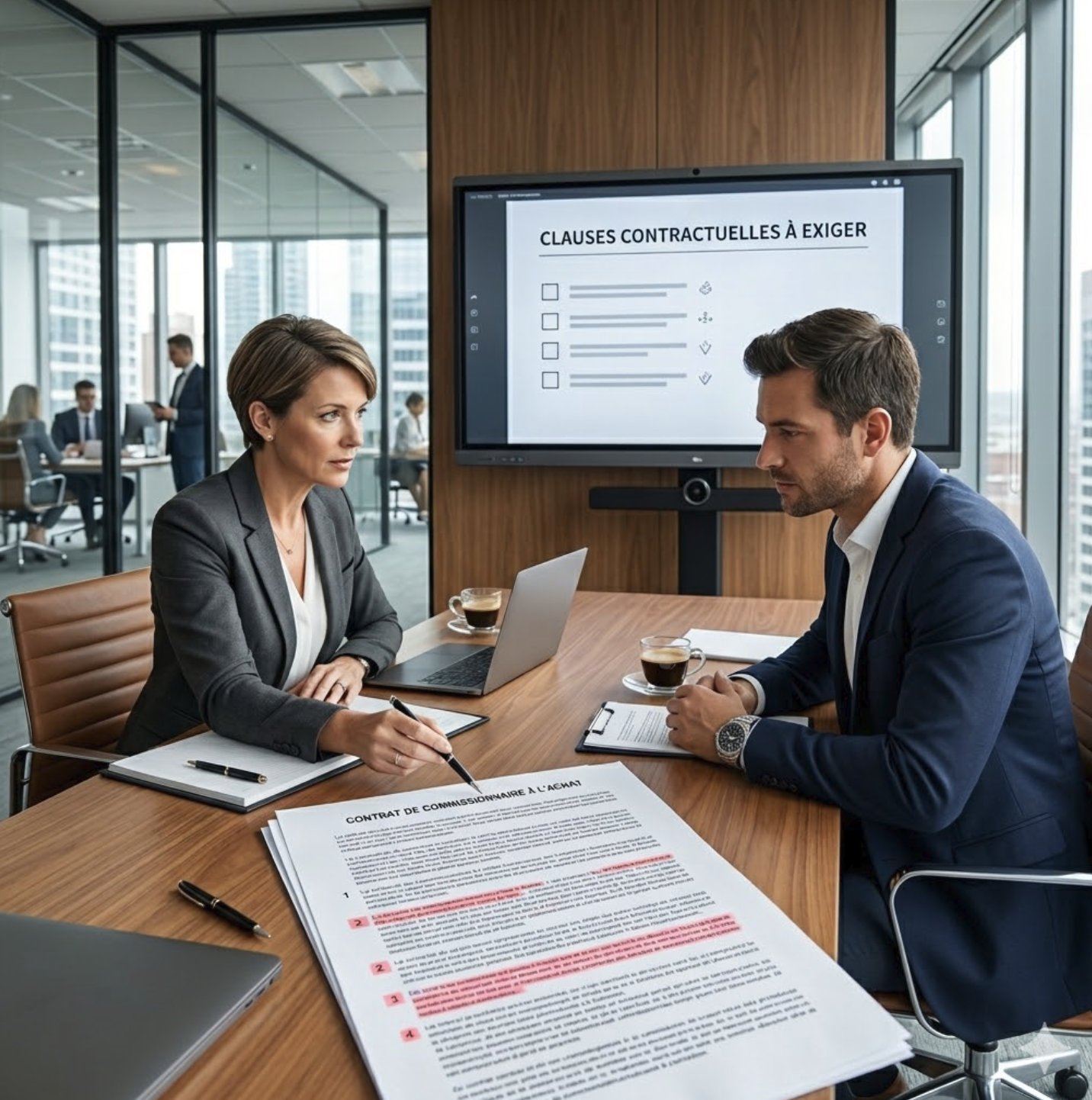 Directrice juridique et responsable achats analysant un contrat de commissionnaire à l'achat dans une salle de réunion, illustrant les clauses contractuelles exigées.