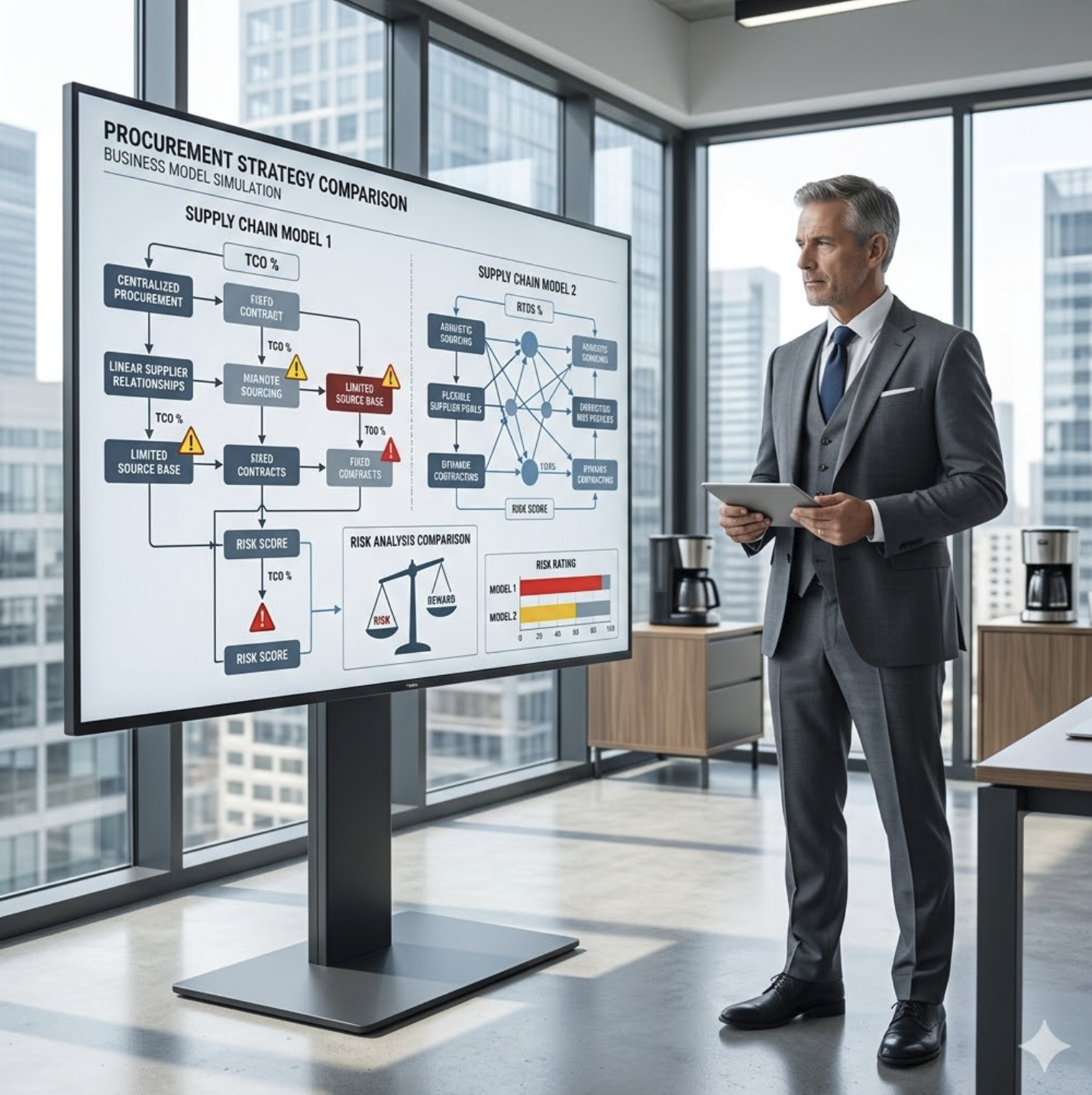 Directeur des achats analysant une simulation de stratégie d'approvisionnement et les risques juridiques entre mandataire et commissionnaire sur un écran interactif.