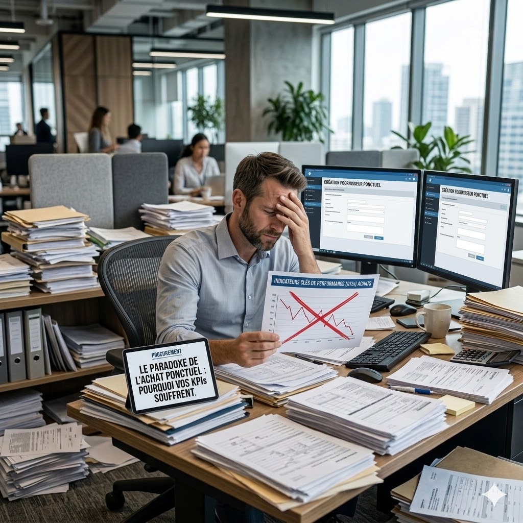 Acheteur frustré face à des indicateurs de performance en baisse sur un tableau de bord, illustrant le paradoxe du référencement fournisseur ponctuel sur les KPIs achats.