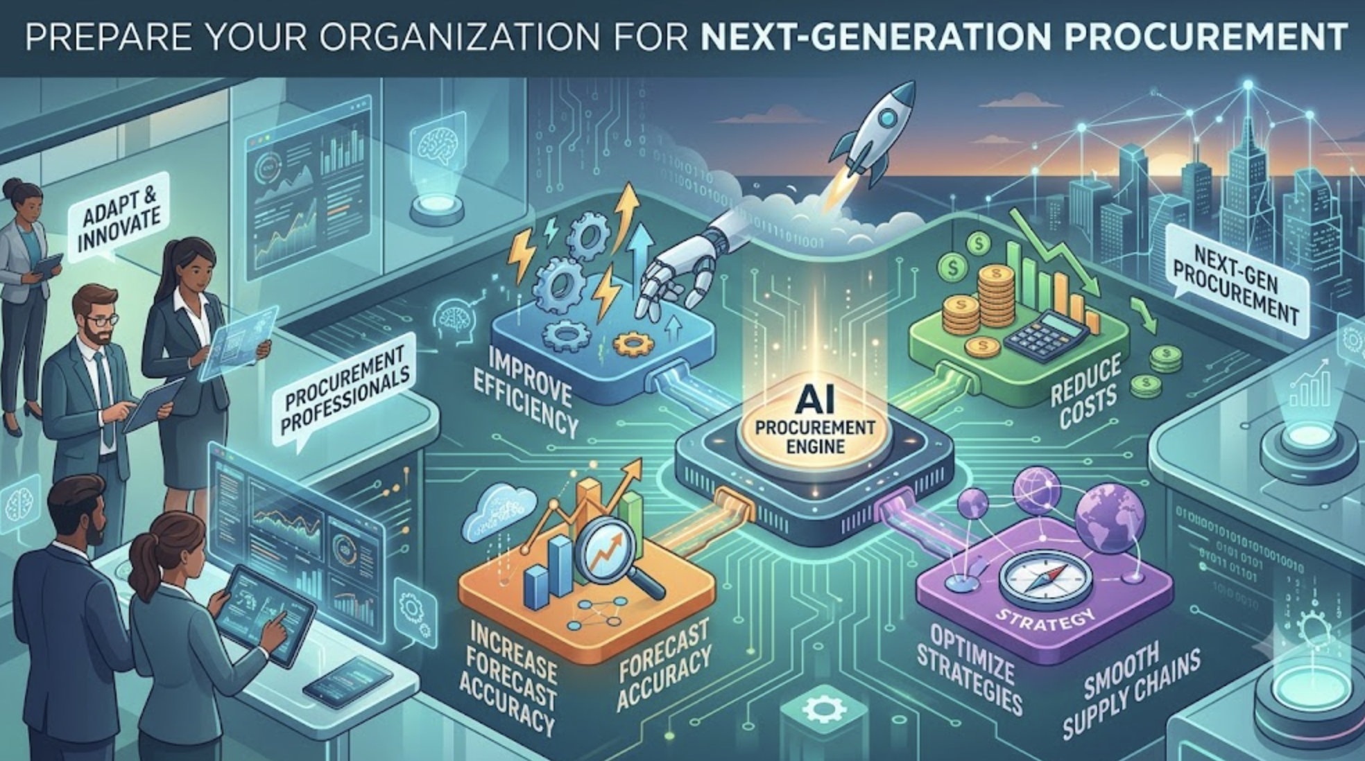 A detailed infographic illustration titled "PREPARE YOUR ORGANIZATION FOR NEXT-GENERATION PROCUREMENT." A central glowing "AI PROCUREMENT ENGINE" core is surrounded by specialized zones, with a diverse team of "PROCUREMENT PROFESSIONALS" using advanced tablets to manage the data. Connected sections with icons and labels show how AI helps: "IMPROVE EFFICIENCY" (gears and lightning), "REDUCE COSTS" (money bags and calculator), "INCREASE FORECAST ACCURACY" (charts and magnifying glass), and "OPTIMIZE STRATEGIES" (compass and globes). In the background, a digital city and a rocket labeled "NEXT-GEN PROCUREMENT" indicate the futuristic horizon.
