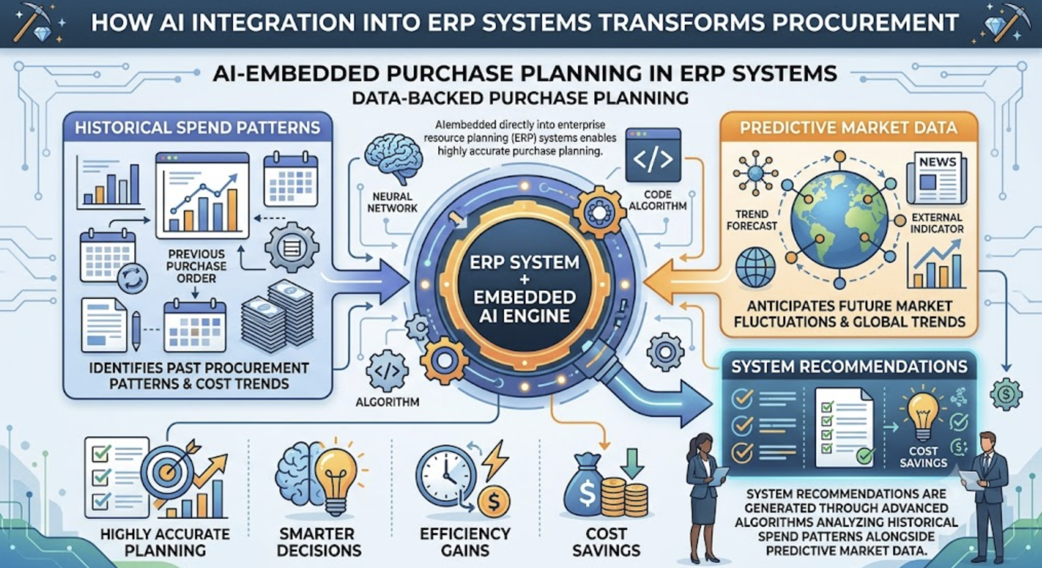 `A detailed infographic illustration in a layered vector landscape style about how AI integration into ERP systems transforms procurement. It features two data plates—'Historical Spend Patterns' and 'Predictive Market Data'—converging into a central 'ERP System + Embedded AI Engine'. Output is shown in two parts: 'System Recommendations' with a control console used by a woman and man, and four large pillars detailing benefits like 'Highly Accurate Planning', 'Smarter Decisions', 'Efficiency Gains', and 'Cost Savings'. The overall header is 'HOW AI INTEGRATION INTO ERP SYSTEMS TRANSFORMS PROCUREMENT'. The founding foundational bedrock has circuit patterns, and pickaxes are integrated in the corners.