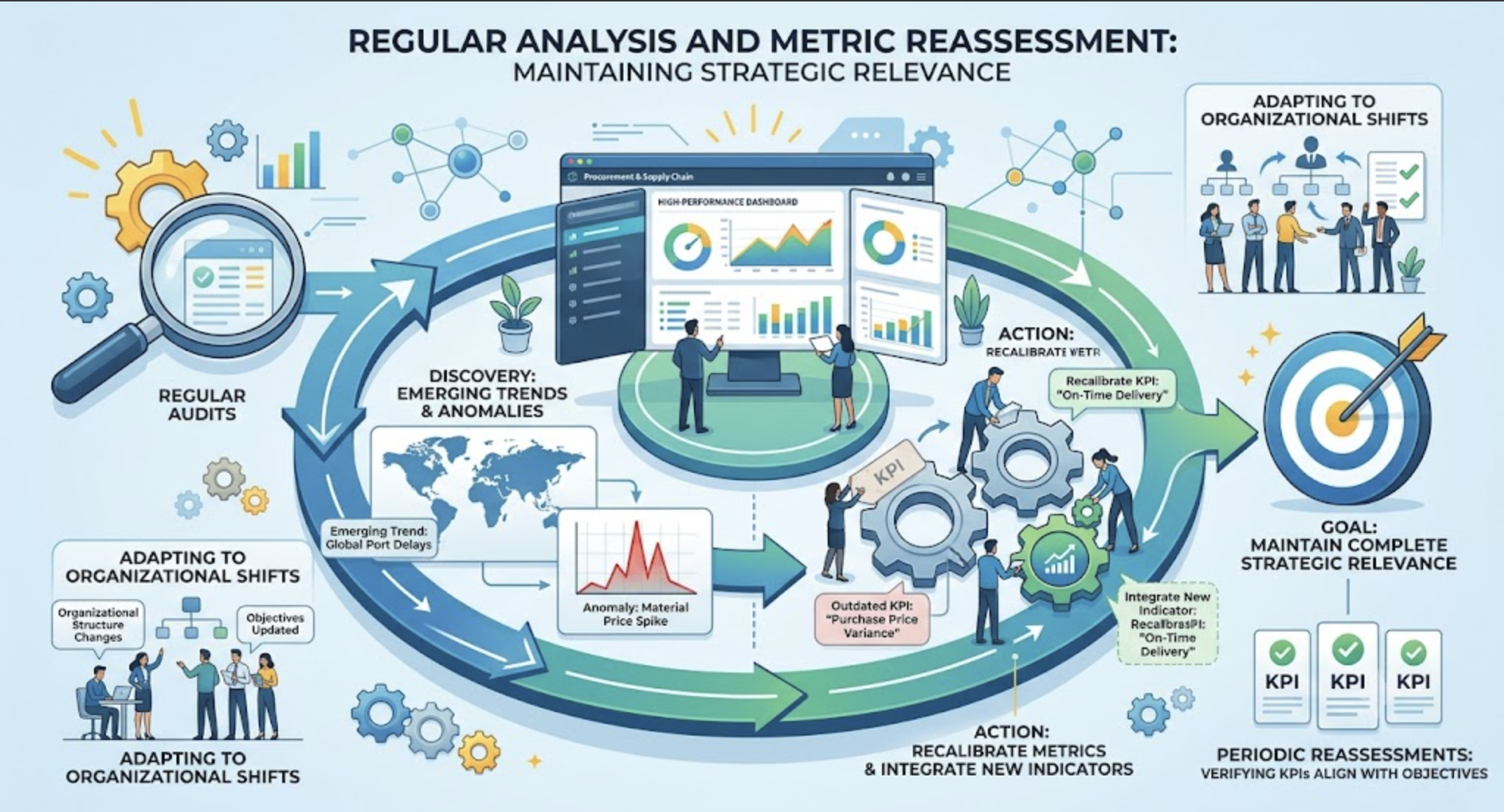 An infographic titled "REGULAR ANALYSIS AND METRIC REASSESSMENT: MAINTAINING STRATEGIC RELEVANCE," illustrating a circular process for updating business dashboards. The central element is a high-performance procurement and supply chain dashboard with multi-screen displays. A large blue arrow indicates a continuous flow from left to right. On the left, "REGULAR AUDITS" leads to "DISCOVERY: EMERGING TRENDS & ANOMALIES," with specific examples like "Emerging Trend: Global Port Delays" on a world map and an "Anomaly: Material Price Spike" on a line graph. This discovery feeds into an "ACTION: RECALIBRATE METRICS & INTEGRATE NEW INDICATORS" section, where figures replace "Outdated KPI: 'Purchase Price Variance'" with new or recalibrated indicators, such as "On-Time Delivery." Arrows from these actions point toward a bullseye target labeled "GOAL: MAINTAIN COMPLETE STRATEGIC RELEVANCE." Smaller panels reinforce key concepts: one shows team members reorganization under "ADAPTING TO ORGANIZATIONAL SHIFTS" with updated objectives and structure, and another summarizes "PERIODIC REASSESSMENTS: VERIFYING KPIs ALIGN WITH OBJECTIVES." The design is a clean vector style with a modern professional color palette of blues and greens.
