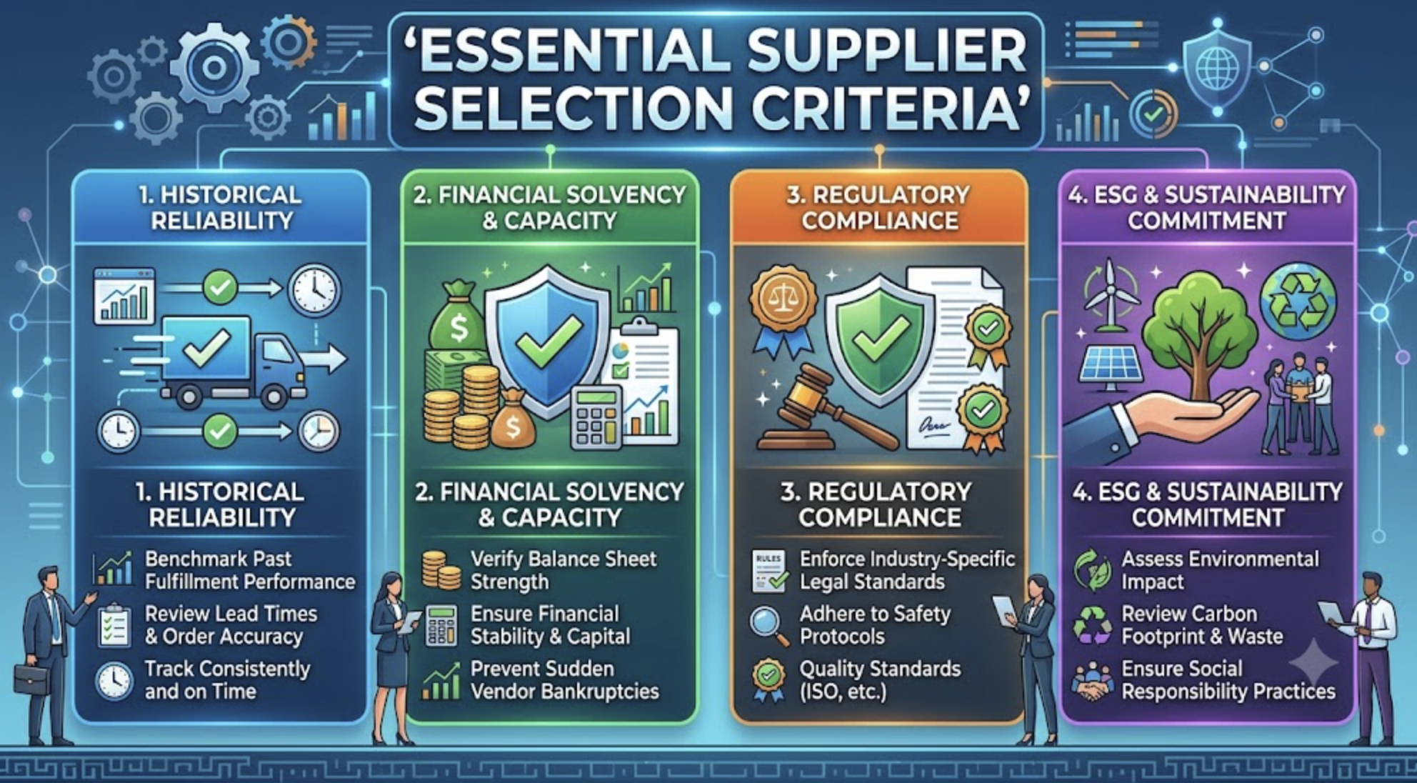 A modern infographic with a dark background and purple glowing lines, titled "'ESSENTIAL SUPPLIER SELECTION CRITERIA'". It is divided into four distinct, color-coded vertical panels.  HISTORICAL RELIABILITY (Blue): Features a delivery truck with arrows and clocks. Text lists benchmarking past performance, reviewing lead times, and tracking order accuracy. Small professional figures with graphs and checkmarks are included.  FINANCIAL SOLVENCY & CAPACITY (Green): Features money bags, stacks of coins, and a balance sheet with graphs. Text focuses on verifying balance sheet strength and preventing vendor bankruptcies. Small figures with calculators and data are shown.  REGULATORY COMPLIANCE (Orange): Features legal seals, a gavel, and safety stamps. Text enforces industry standards, safety protocols, and quality standards (ISO). Small figures checking rules and performance are included.  ESG & SUSTAINABILITY COMMITMENT (Purple): Features a hand holding a tree, a globe with arrows, solar panels, and wind turbines. Text assesses environmental impact and social responsibility practices. Small figures with recycle symbols and eco-data are shown. The overall layout is clear and structured, with glowing network nodes and circuit patterns in the background. Small business people are strategically placed to interact with each section.