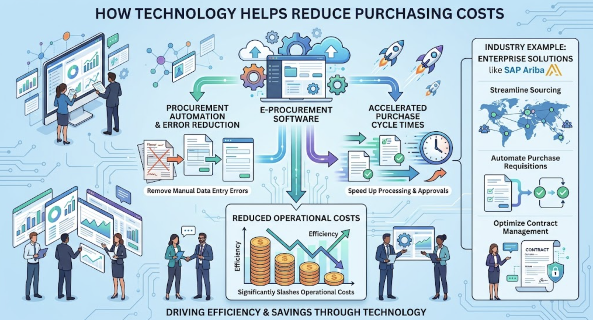 A detailed infographic titled "How Technology Helps Reduce Purchasing Costs." It illustrates a workflow using E-Procurement Software that leads to Procurement Automation, Error Reduction, and Accelerated Purchase Cycle Times, resulting in Reduced Operational Costs. Surrounding business professionals interact with holographic dashboards, graphs, and a sidebar example featuring SAP Ariba solutions for streamlined sourcing and contract management. The bottom tagline reads "Driving Efficiency & Savings Through Technology."
